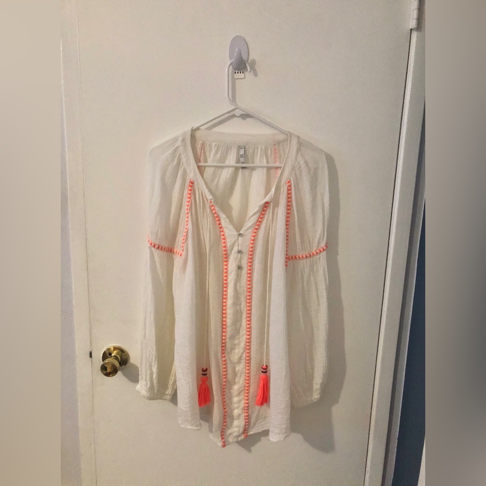 Zara White Boho Beach Sheer Swim Cover Up Long Sleeve top Shirt Orange Tassels - Picture 2 of 10